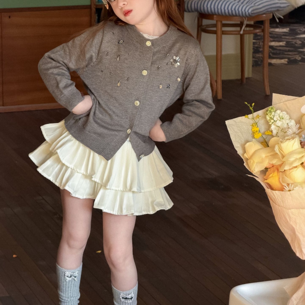 春クリーム色ふんわりスカート