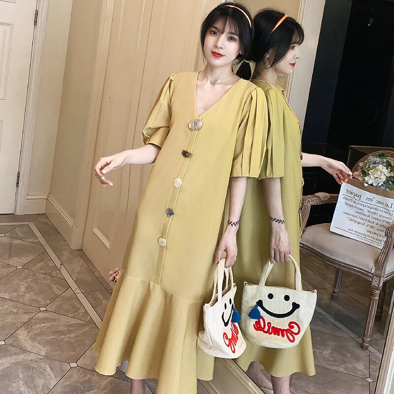 【新作】【送料無料】 マタニティウェア2020夏の新しいシフォンVネックルーズドレスミドル丈ファッションマタニティフィッシュテールスカート-アリババ サマー 夏物 expec28119034812