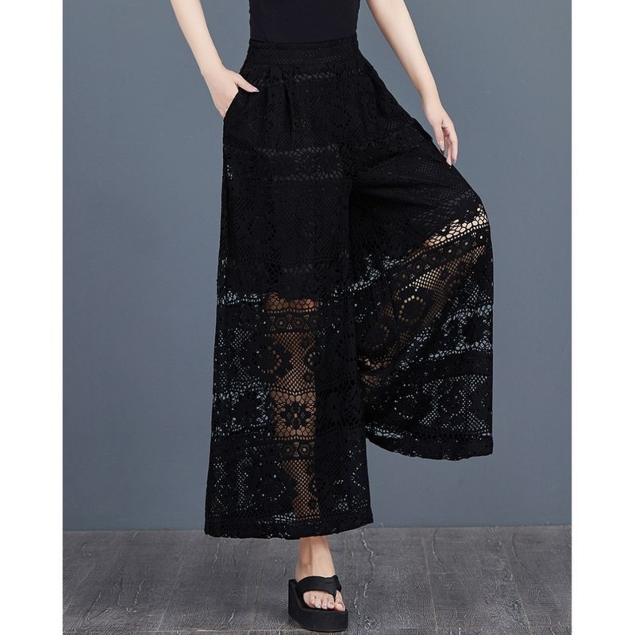 レース装飾 ワイドパンツ  30087