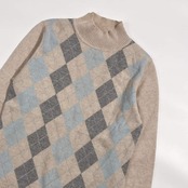 カシミヤ100% ACCOMODO アコモド アーガイル柄 ラメ ハイネック ニット 38/ベージュ レディース