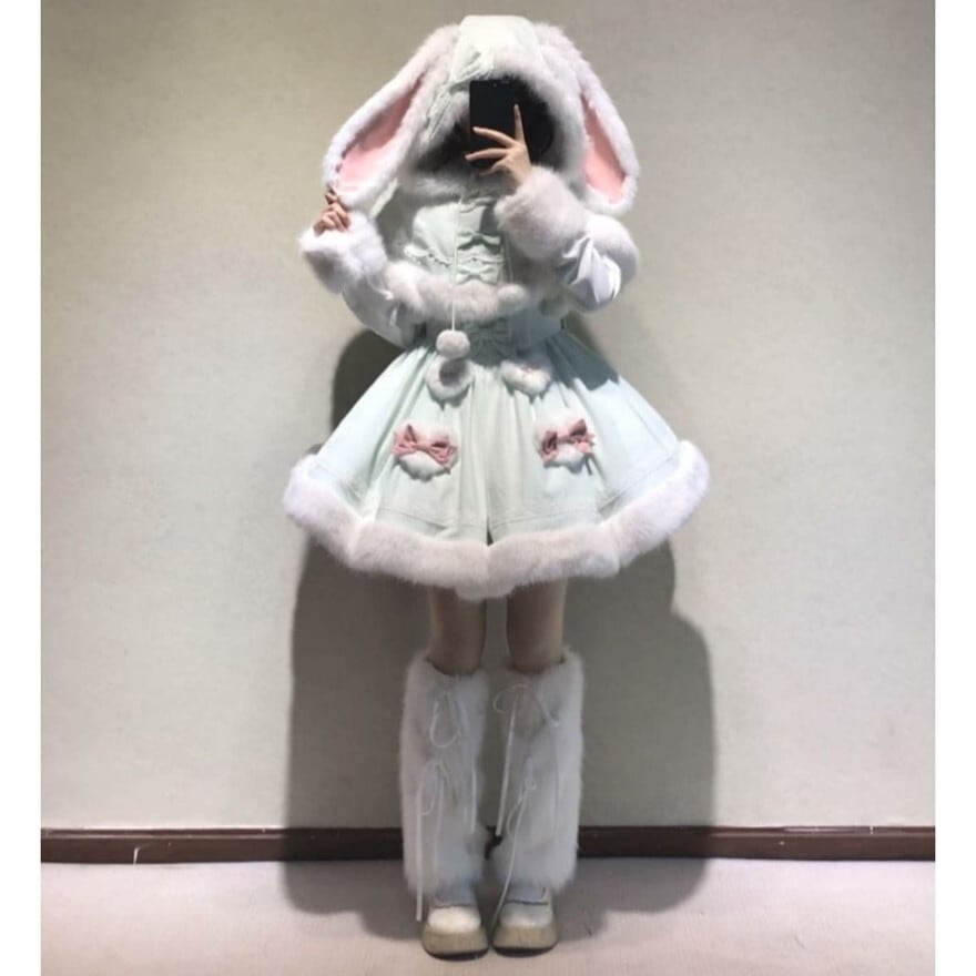 冬ロリータ／量産型コーデ】ふわもこ ウサギ耳 ケープ付き2点セット