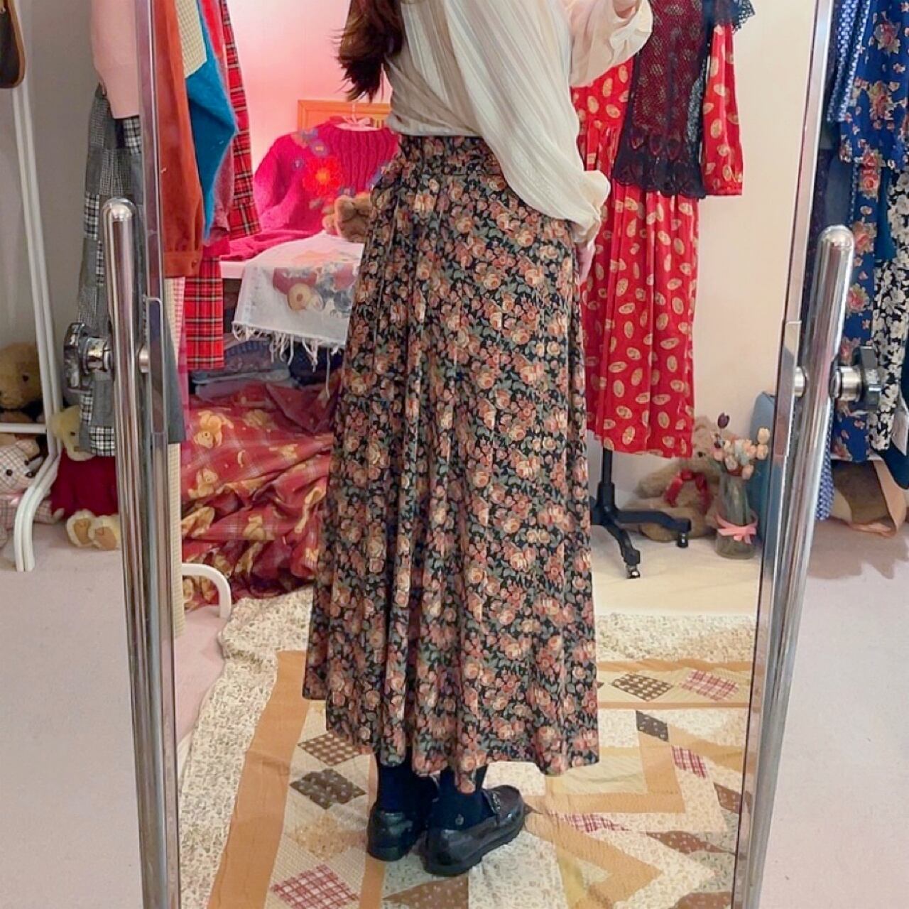 waist ribbon rose tuck flare skirt