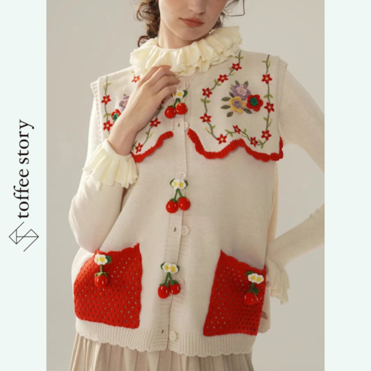 【4color】さくらんぼの唄レース刺繍ベスト 《Y0382》