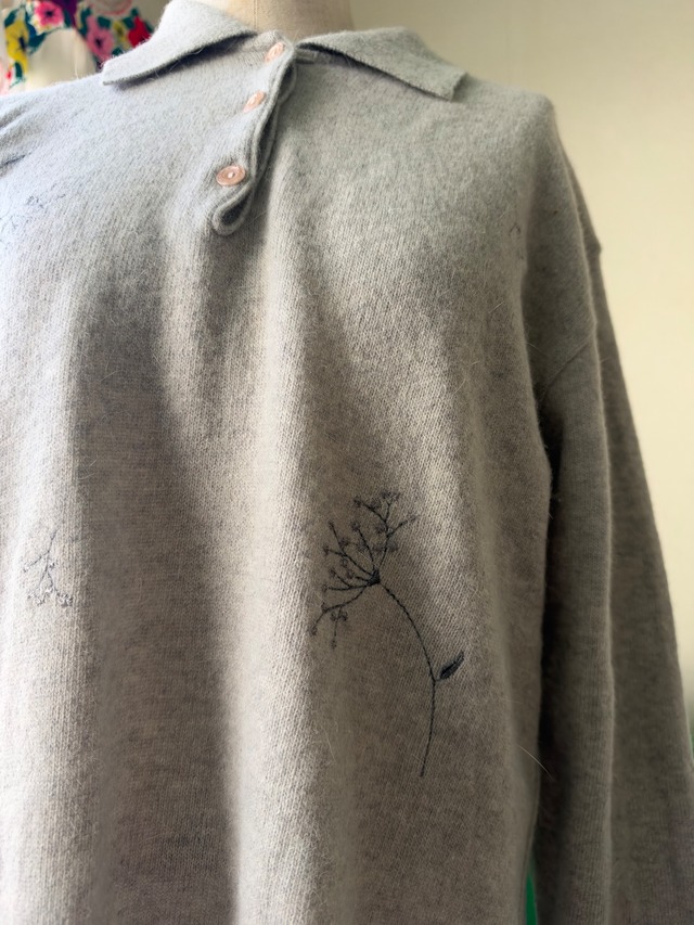 80s-90s Italy Made Angora Merino Wool Floral Embroidery Knit Polo