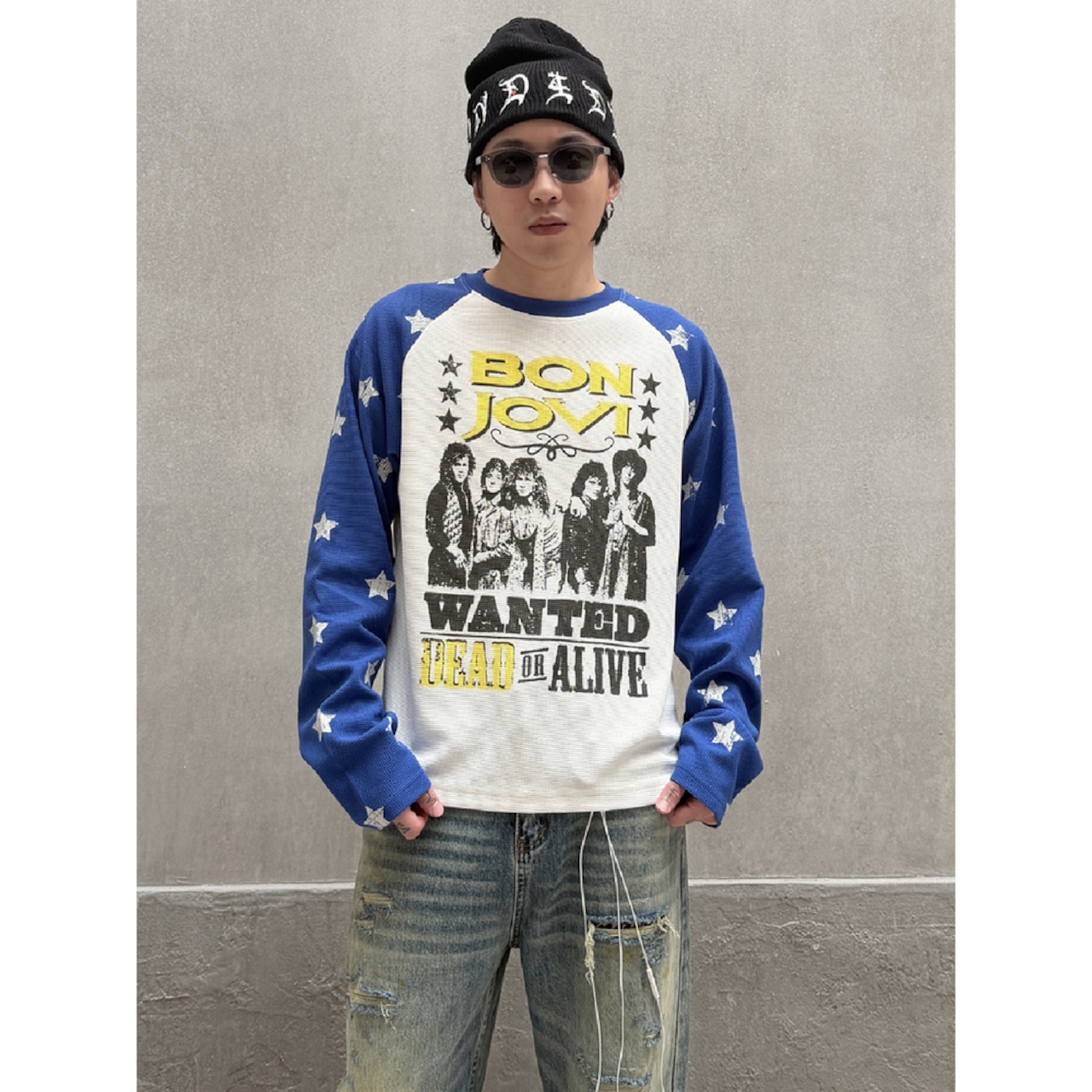 VINTAGE ストリート スタースリーブ ワッフルロングTシャツ T2237