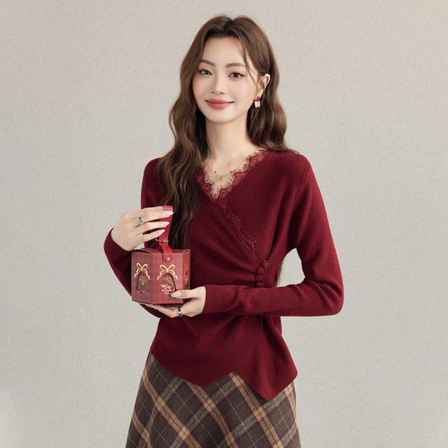 トップス ニット インナー レース 長袖 フィット感 レッド S M L