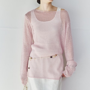 Openwork Boat Neck Long Sleeve Knit T3431