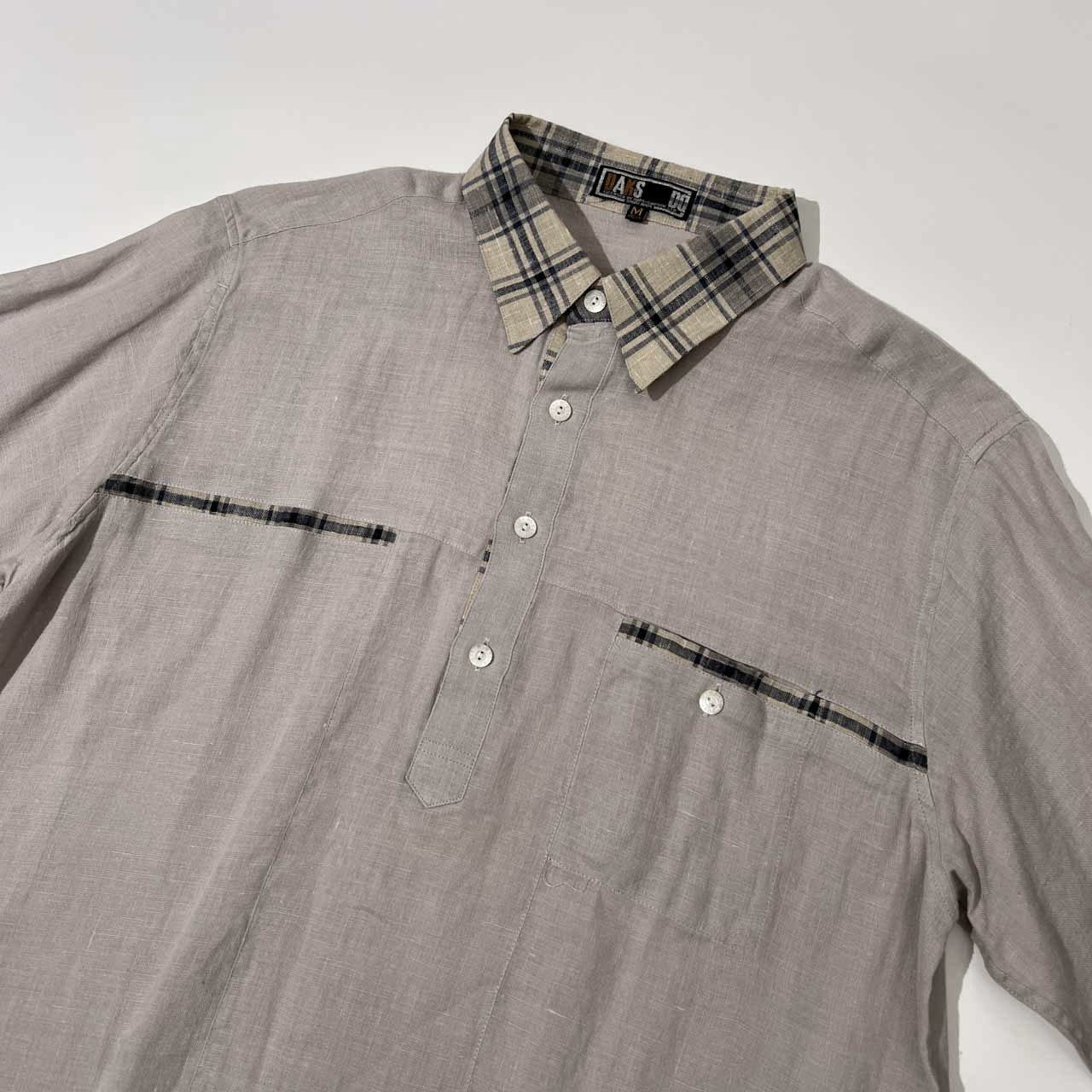 麻100% DAKS GOLF ダックス ゴルフ 襟チェック柄 半袖 リネン ポロシャツ サイズ M /メンズ/グレー系/薄手
