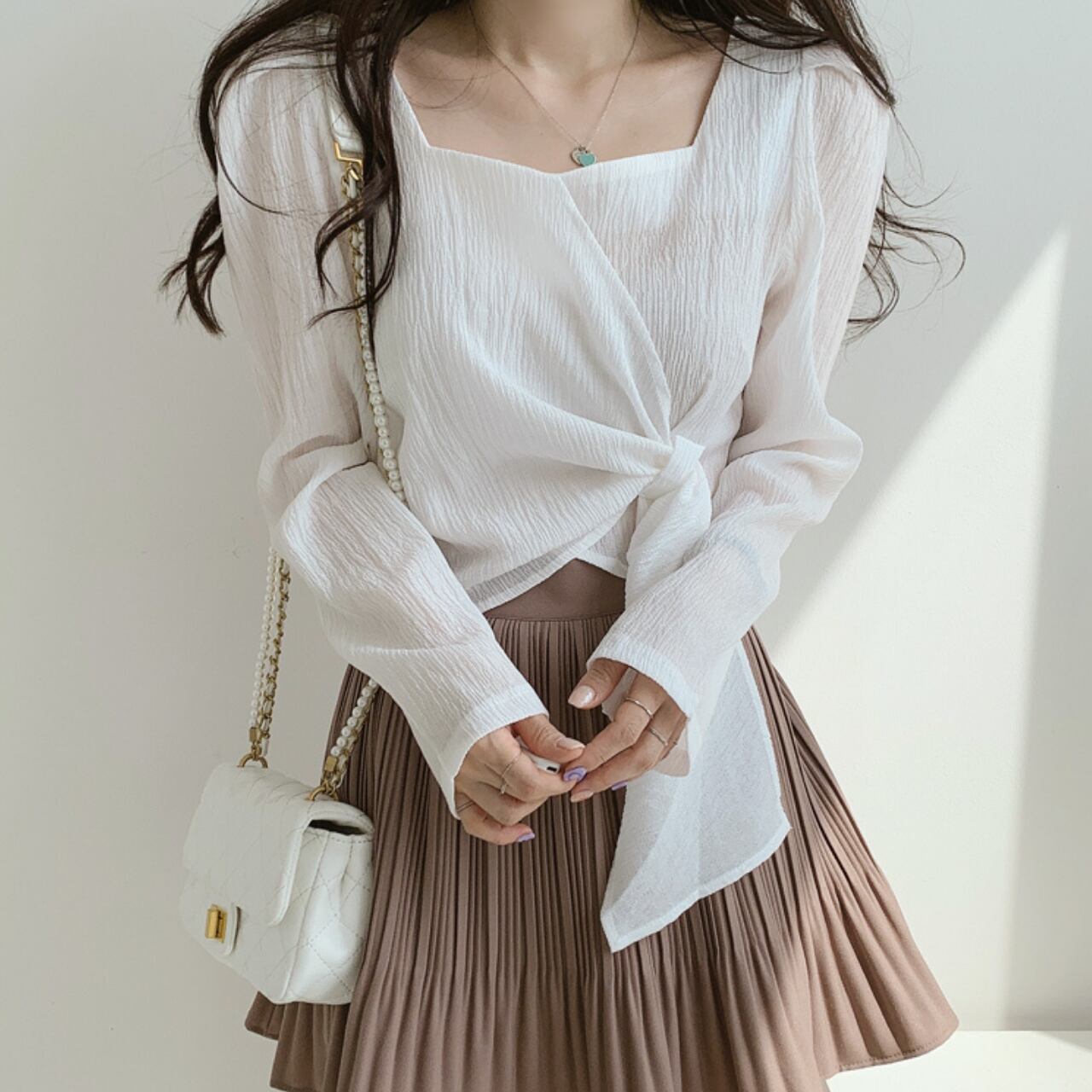 レースアップ ウエストリボン ブラウス-ホワイト