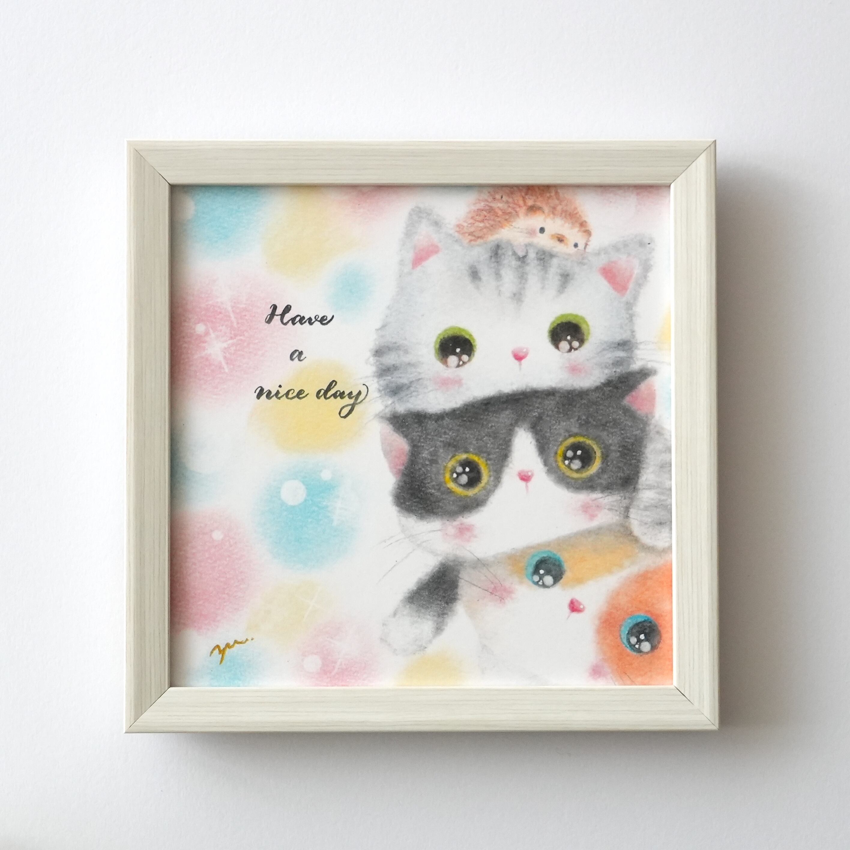 複製画】「Have a nice day ニャン♪」 猫 ネコ ハリネズミ パステル