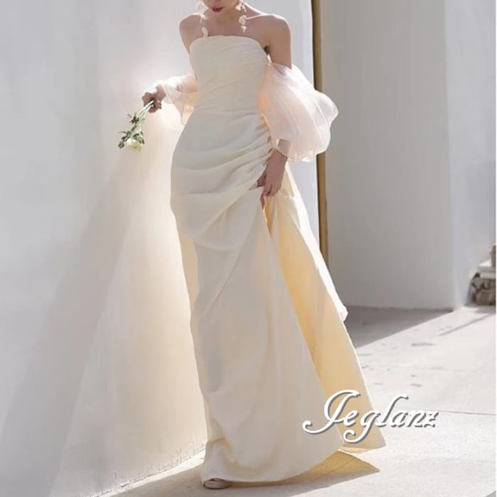 ウエディングドレス ベアトップ 切替 チュール スリット入り 袖付き (M5974)ο