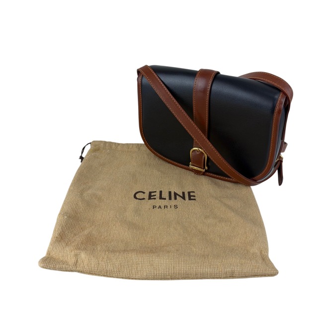 CELINE セリーヌ ショルダーバッグ ブラック ブラウン フロントバックル レザー バイカラー vintage ヴィンテージ オールド  8seizv