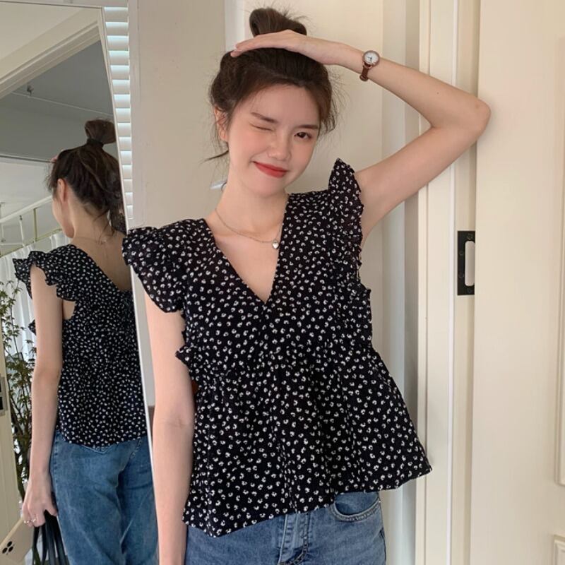 シャツ トップス サマー薄手Vネックフローラル 大人ガーリー スウィート キュート カジュアル 夏物 花柄 YY-ファッション37918397023