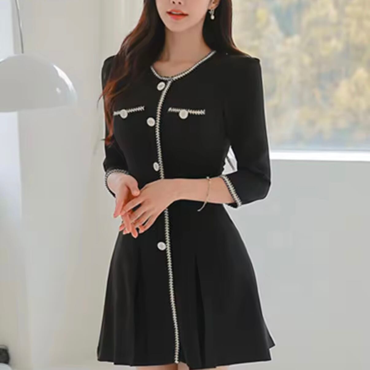 パールボタンツイード風トリムワンピース