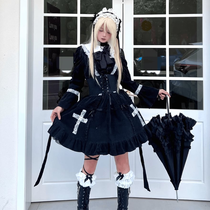 ゴシックロリータ ワンピース 黒 クロス 十字架 リボン レースドレス