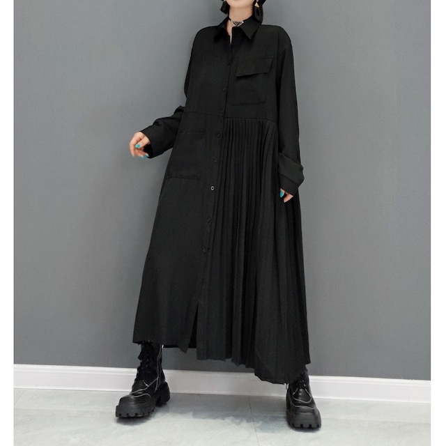 ASYMMETRIC DESIGN PLEATED LONG SHIRT DRESS 1color M-3950