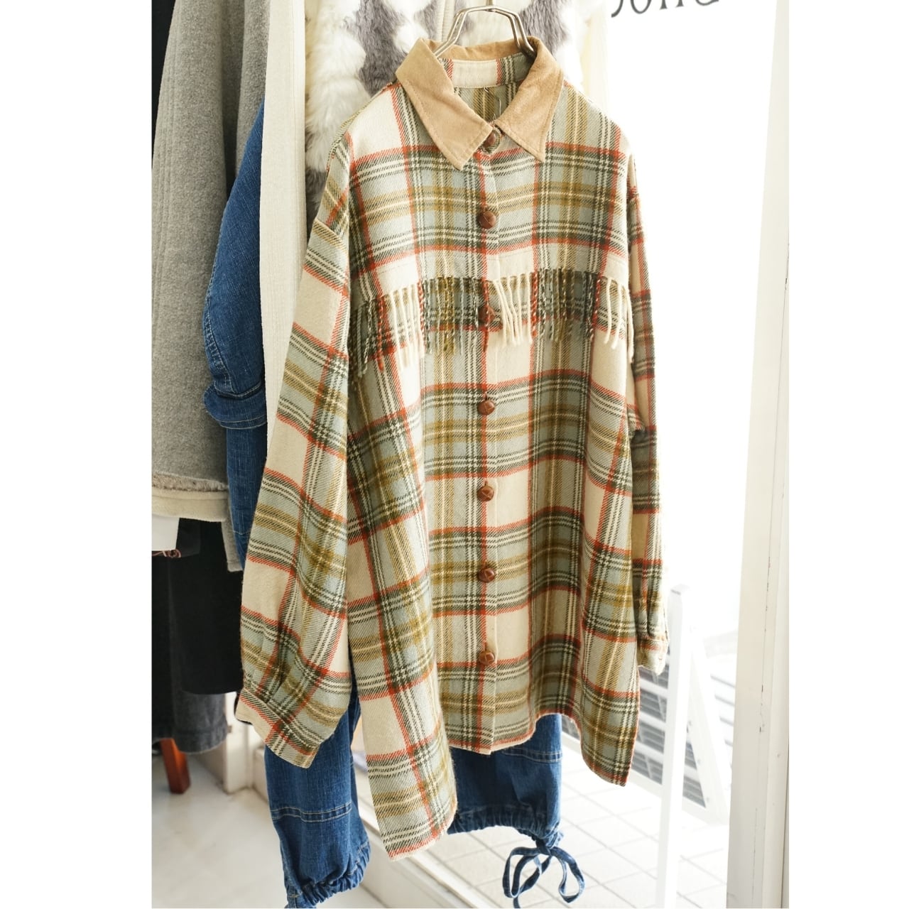 フリンジ切替 チェック ウールシャツジャケット(表記38・実寸M相当)|NA452