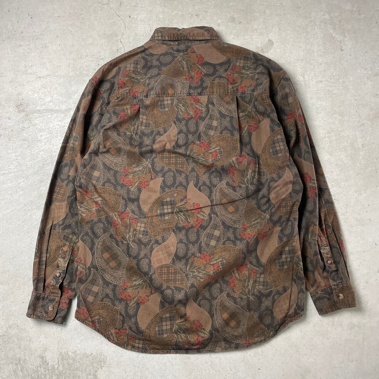 Bugle Boy Co. 総柄 長袖シャツ メンズXL相当 古着 ペイズリー 花 フラワー ブラウン系 ブラック 茶色 黒色 【長袖シャツ