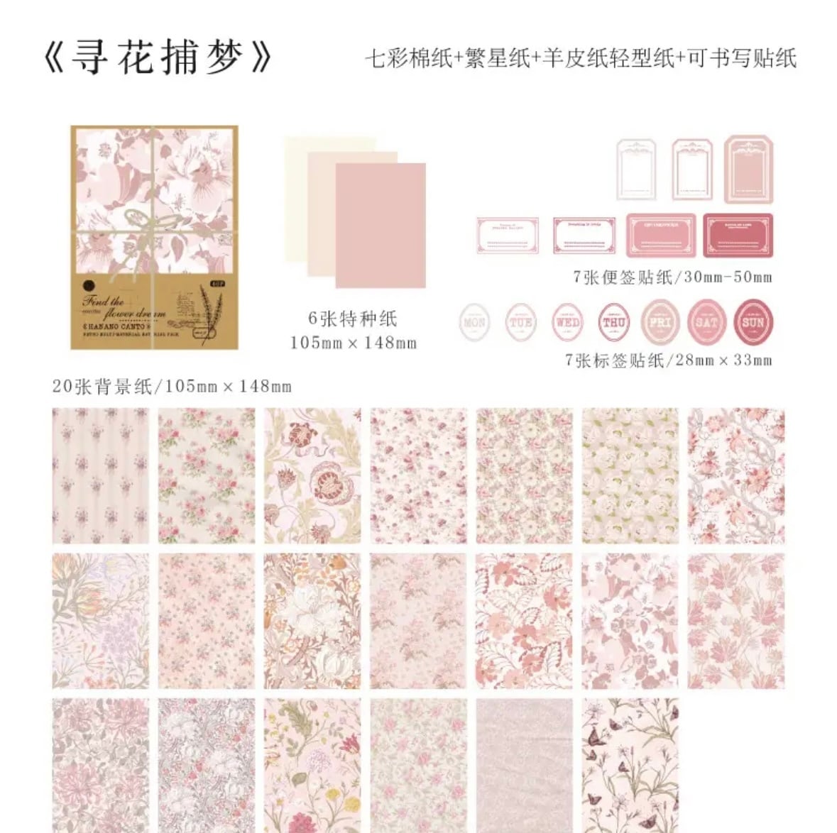 花柄デザインペーパー＆ラベルセット pink 40枚 | niji-iro