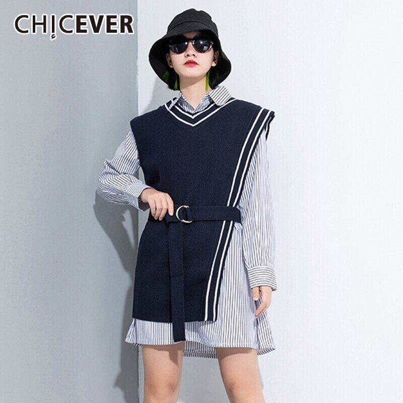 CHICEVERツーピースセットレディースラペル長袖ストライプヒットカラーシャツブラックサッシニットベストセット2020 ロング 6base532027541819