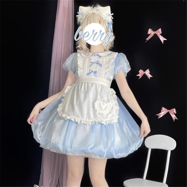 （2点セット）かわいい メイド服 ボウタイ 仮装 コスプレ Lolita op ブルー ワンピース54415934