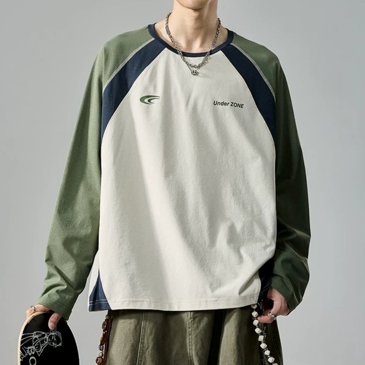 コントラストブロックルーズフォルムラグランロングTシャツ 2col A00507