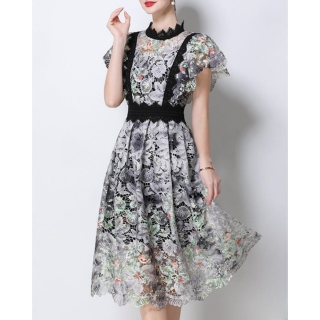 フラワー刺繍レースフレンチスリーブワンピース 2color L2281