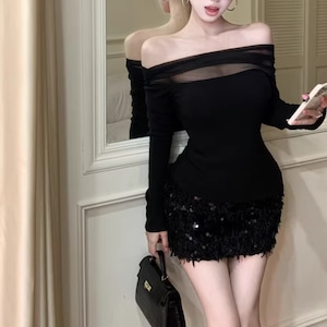 【2点セット】シアーオフショルトップス+スパンコールシャギースカート ・75054 【2点セット】シアーオフショルトップス+スパンコールシャギースカート ・75054