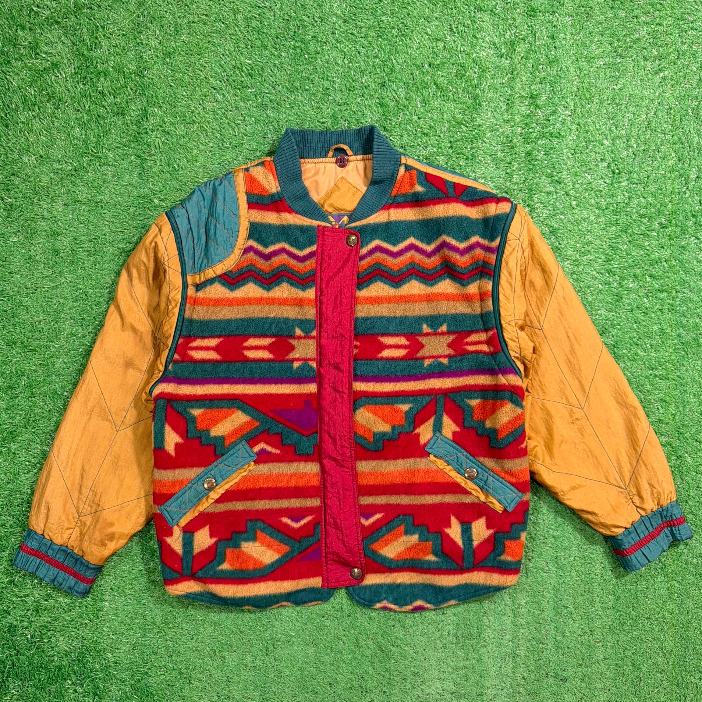 2XL】90s リバーシブル ナイロンジャケット フリース ネイティブ柄 緑 