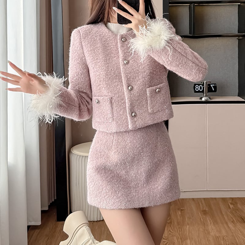 【set】袖ファーコート×ミニスカートセット Q7684