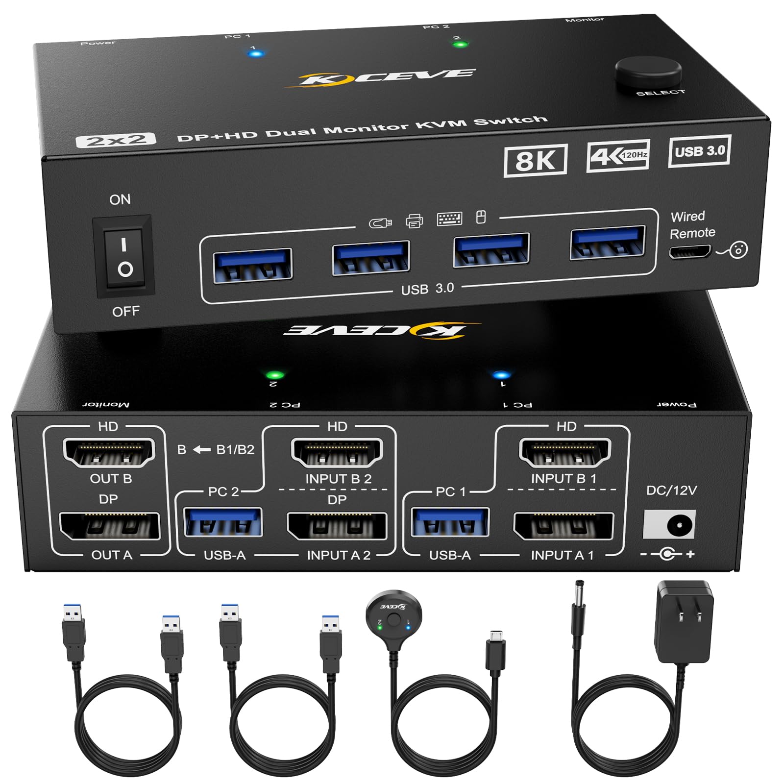【特価処分】KCEVE デュアルモニター USB3.0 DP HDMI KVMスイッチ 8K@60Hz/4K@120Hz 2入力2出力(コピー/拡張モードをサポート) 2台のモニターと1組のキーボード、マウスを共有できる