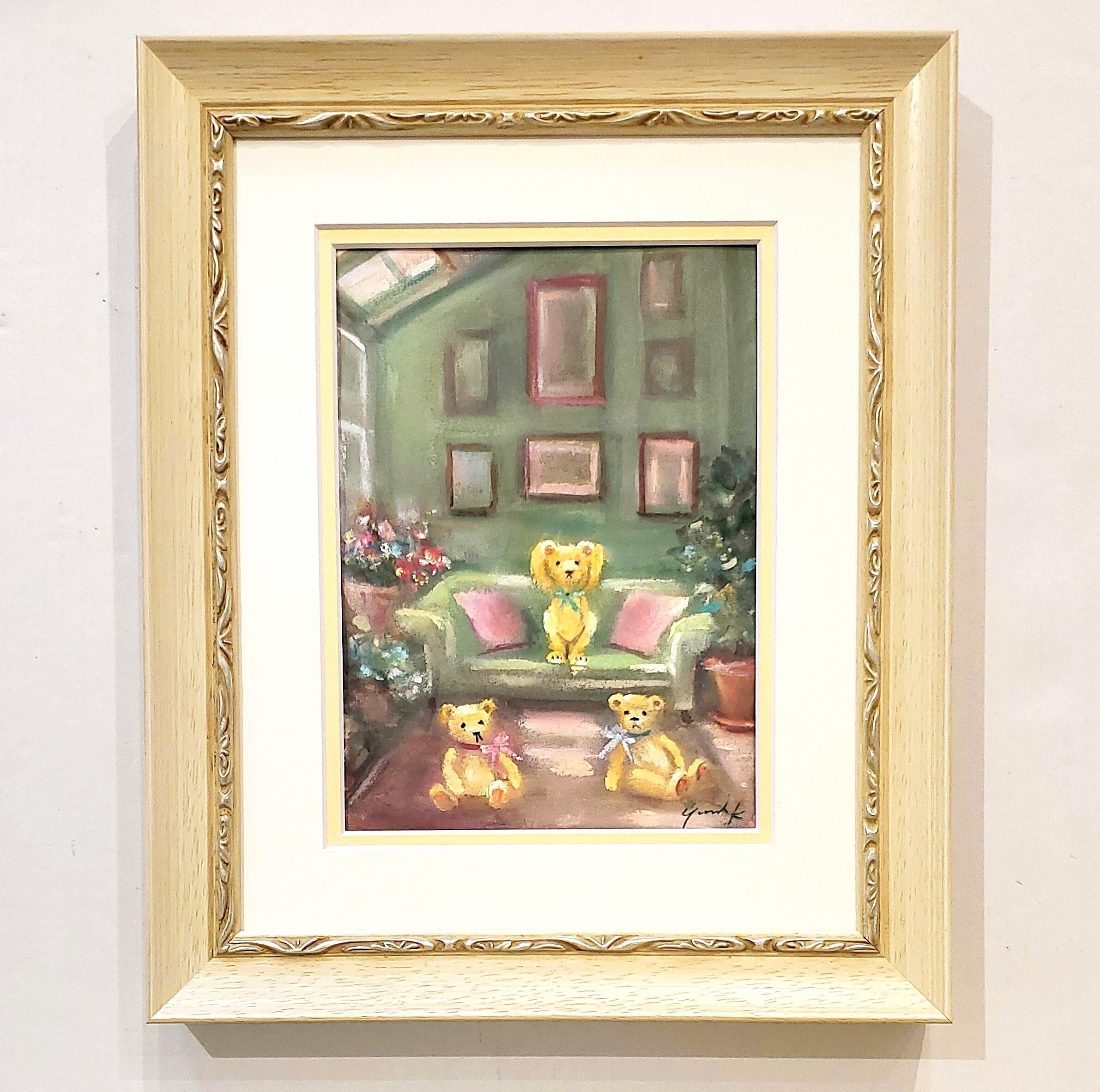 絵画 ｢クマ達のパティスリー｣ 19×14cm 水彩/パステル 額付き 神之浦