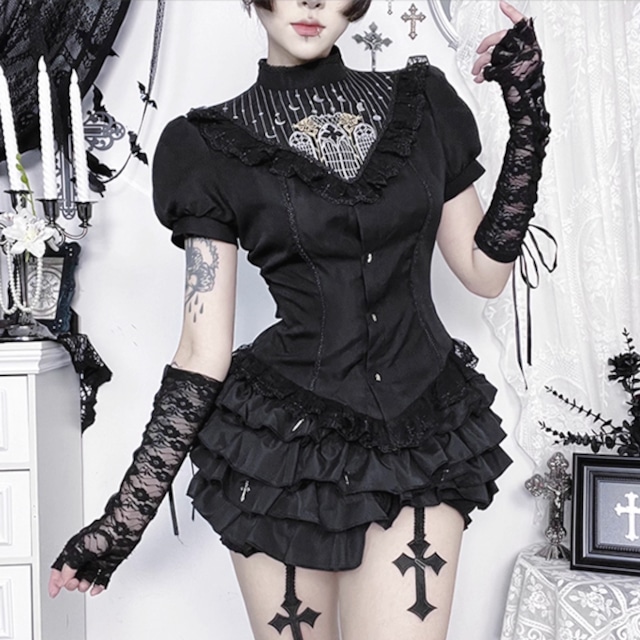 ブラックフリルエッジプリーツラインスタンドカラーゴシックシャツ(lli_6358)