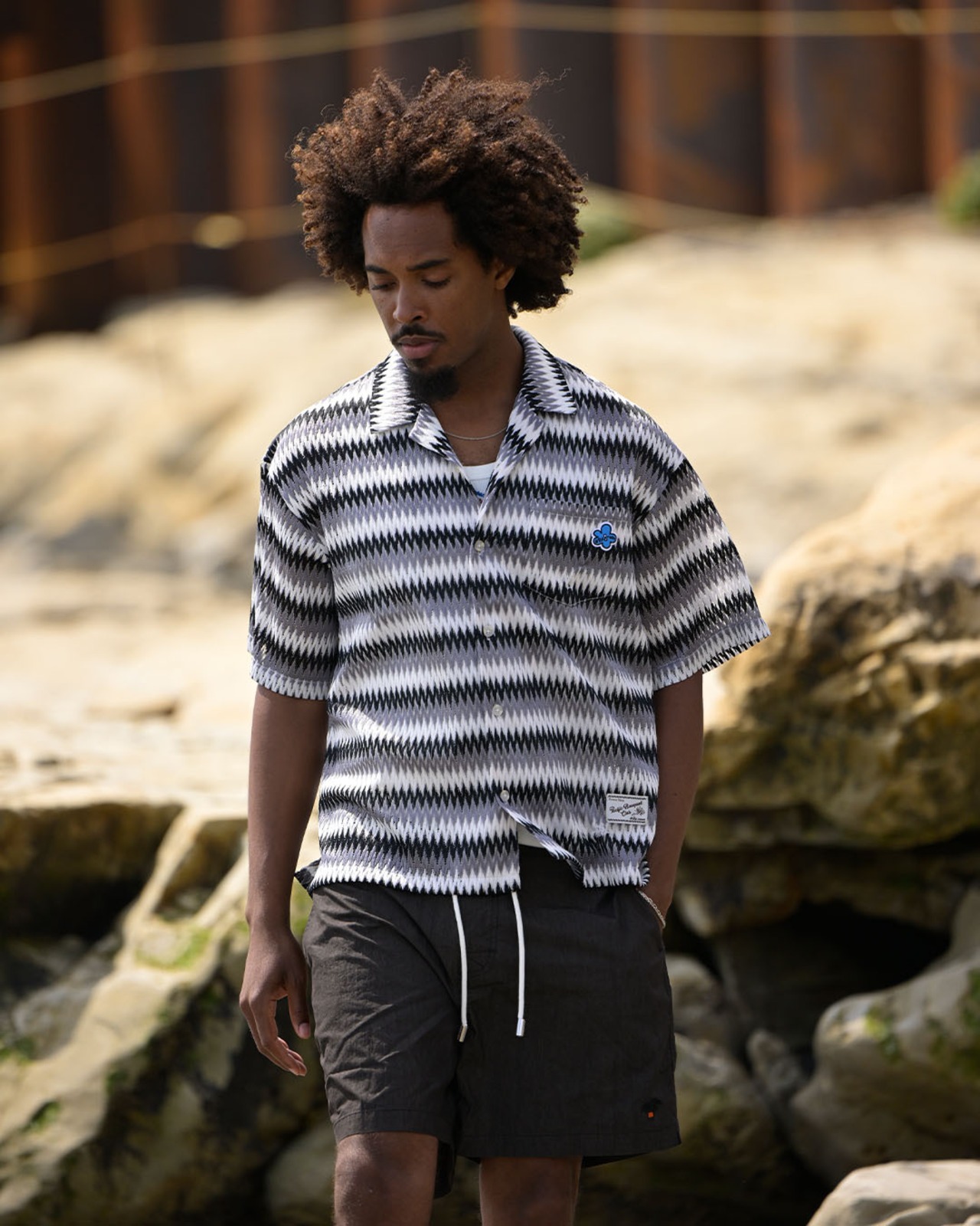 【#Re:room】ZIGZAG PATTERN MESH OPEN COLLAR SHIRT［RES130］