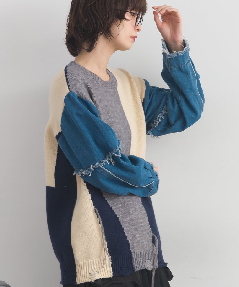 D261152デニム袖切替配色ダメージニット / Denim Sleeve Color-Block