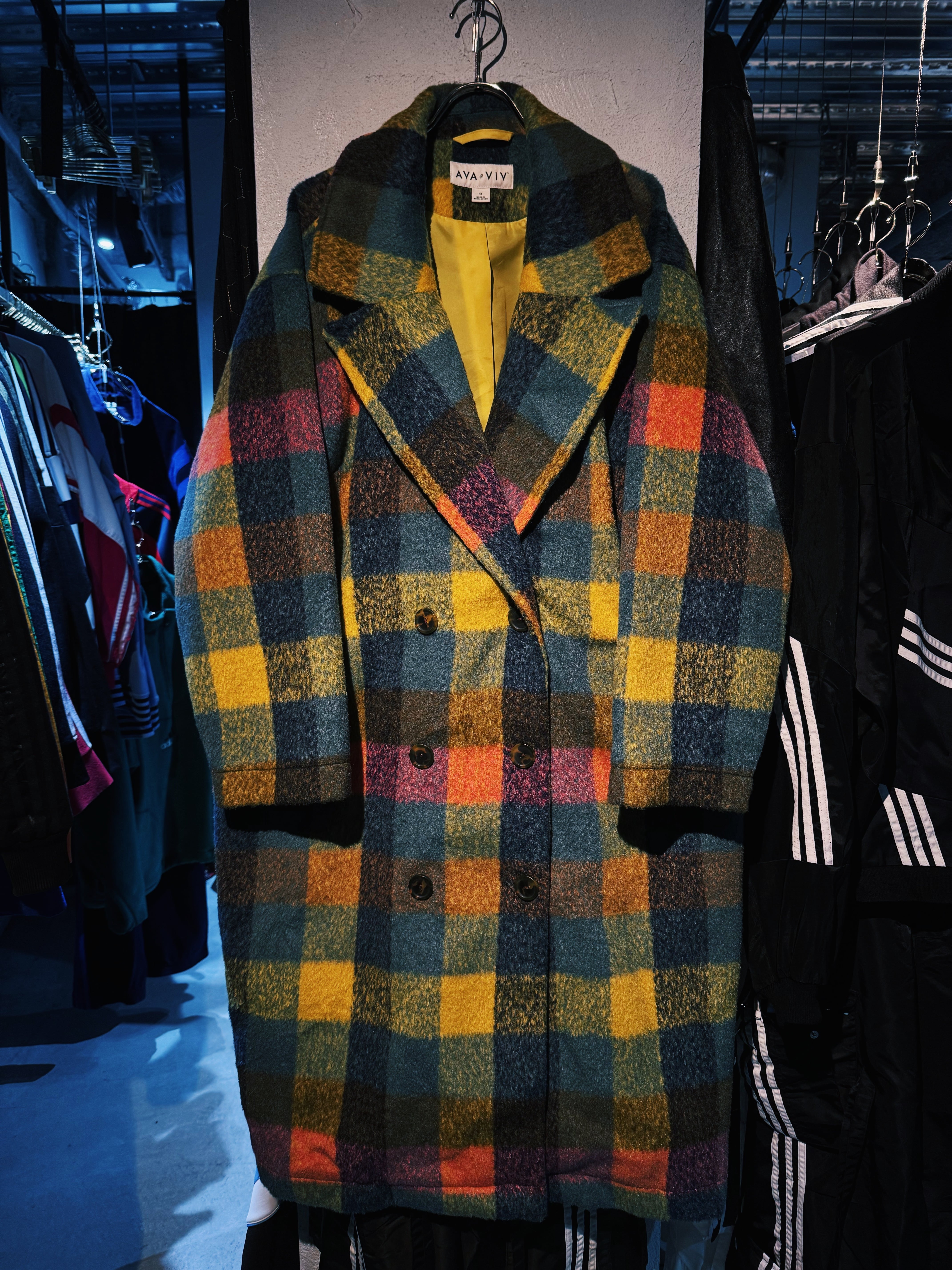 【D4C】Special vintage pastel rainbow color block check design double breast long chester coat