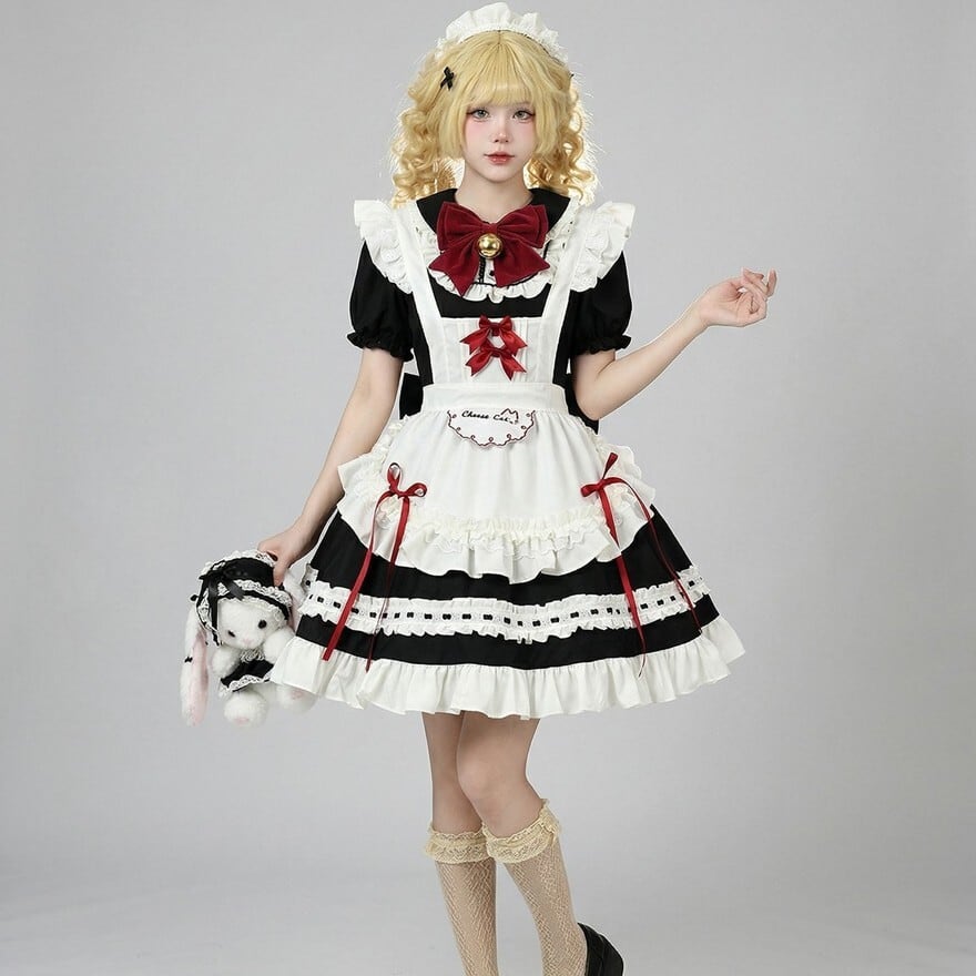 ご購入者様決定꒰未使用꒱メイドコスチューム白黒フリルリボン 夢可愛い ハロウィン 大きめサイズ 大きいサイズ レディース｜ラブリーハートリボン♡クラシックメイド(M