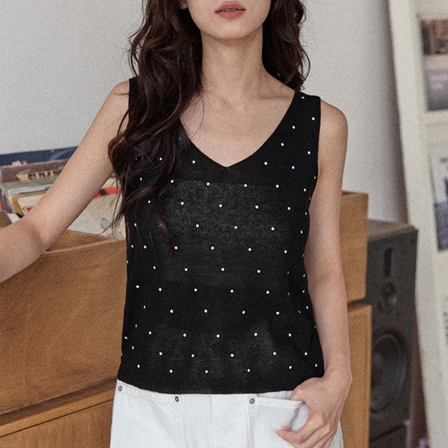sleeveless v-neck dot pattern knit top L0496