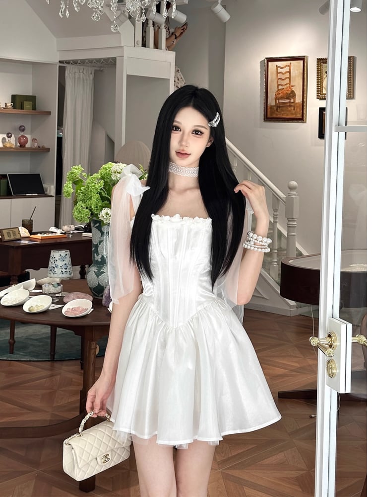 お呼ばれドレス｜ショルダーレースリボンキャミソールワンピース