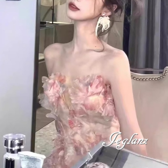 華やか パーティ イブニングドレス ベアトップ 立体フラワー 透け感 （M9064）ζ