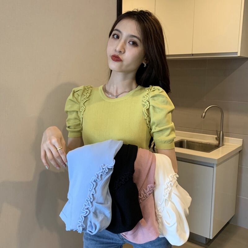 スリーブニットショートTシャツ シャツ スプリングサマートップス 春物 夏物 YY-ファッション90074463917