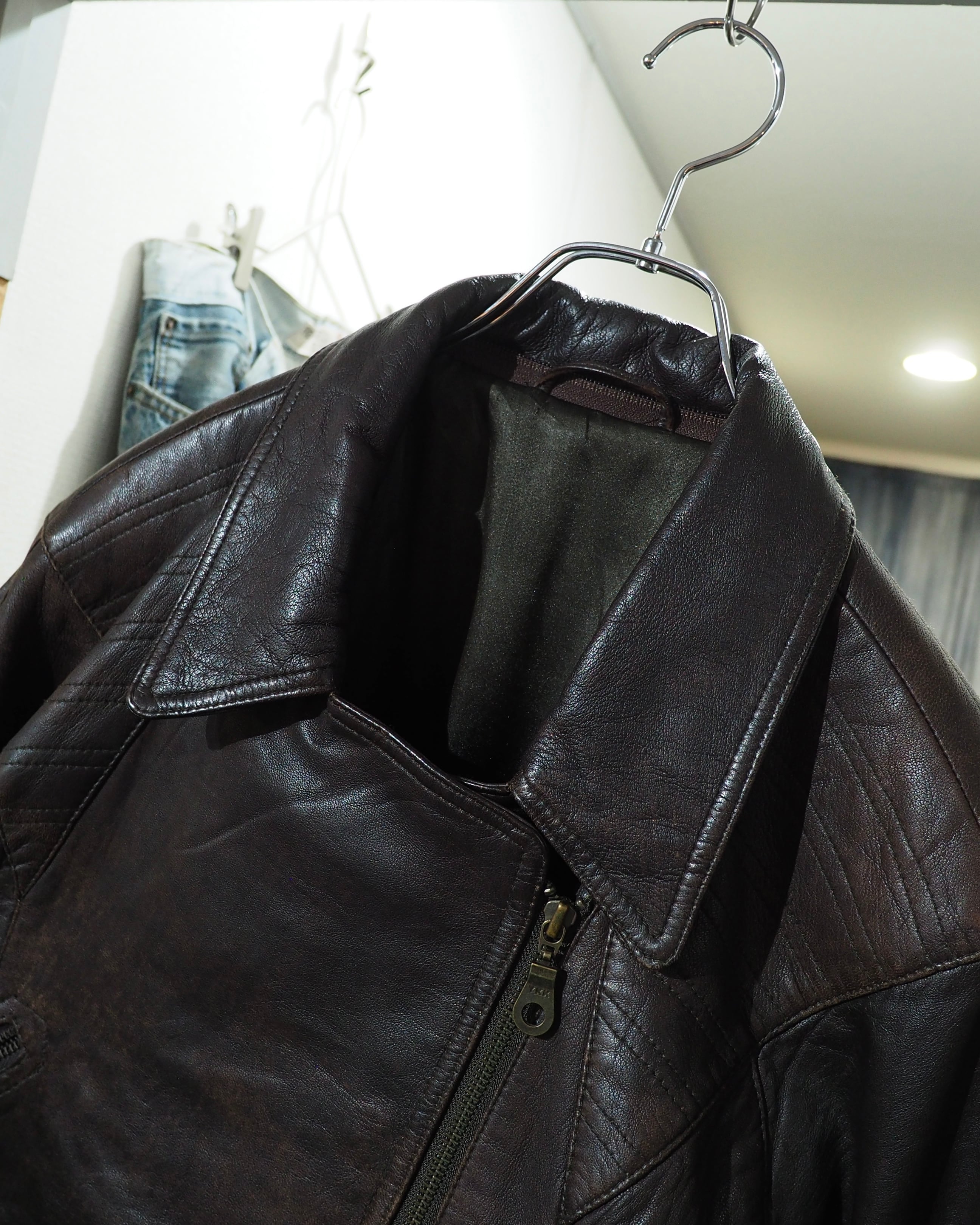 1990s " 変形 " Diagonal Zipper Design Vintage Lamb Leather Jacket