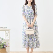 TRUBE ウエストリボンシフォン花柄マキシワンピース【M~L】アイボリー