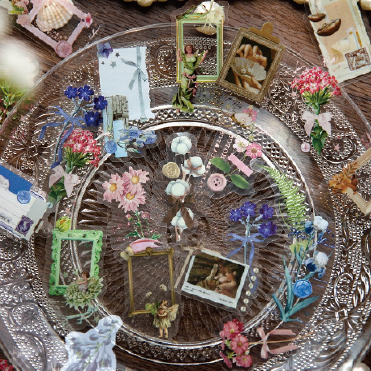 コラージュ素材 ステッカー シール 全4種 30枚入 ピンク 花 緑