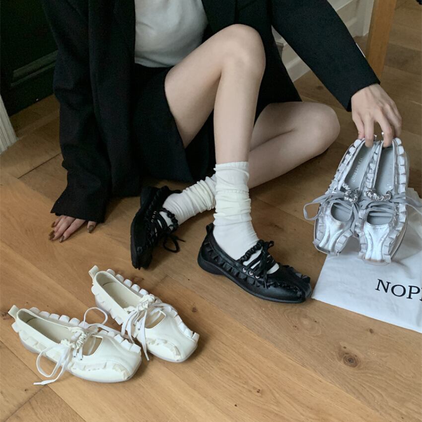 frill design ribbon square toe flat shoes J00046