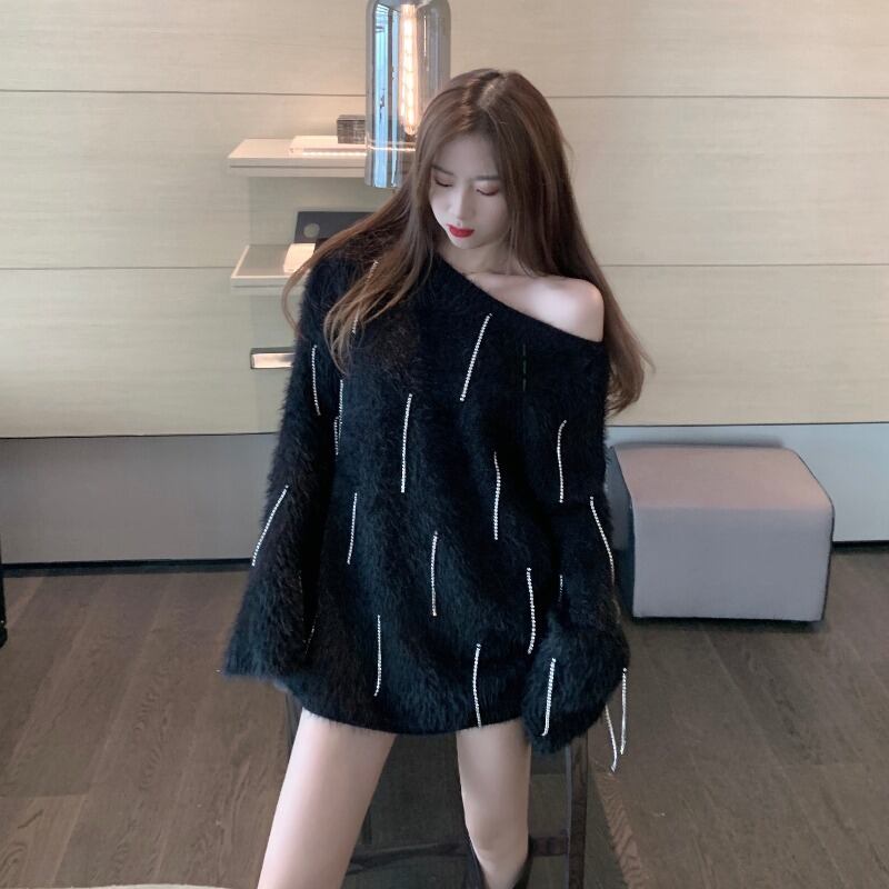 セーター ジャケット オータムウィンターブラックルーズスタイルニットトップス 秋物 冬物 ブラックストロベリース80045537279