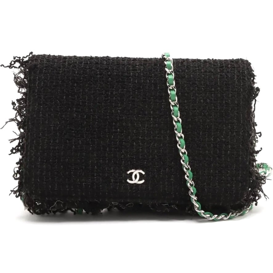 Extremely Rare ◇ CHANEL Matelassé Tweed Leather Chain Wallet Shoulder Bag with Coco Logo in Black, Green, and Silver Hardware