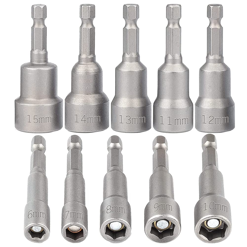 Kigauru 10本セット ソケットビット クロムバナジウム鋼 6-15mm インパクトドライバー 六角軸6.35mm ソケットアダプター 強い磁性 ショートソケット 工具 ヘックスビットソケットセット