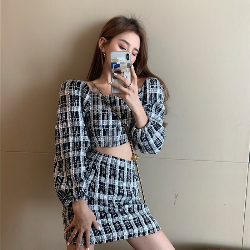小さな男性の年齢削減ウエスタンスタイルのスーツ女性2020年秋ニューレディー気質チェック柄シャツスカートツーピーススーツ ブラックストロベリース88547125342