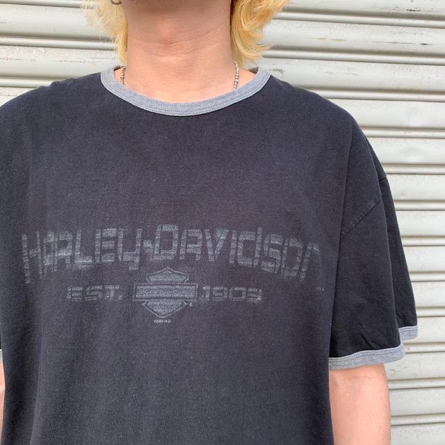 00s ハーレーダビッドソン　リンガーTシャツ　両面プリント　ブラック　XL相当